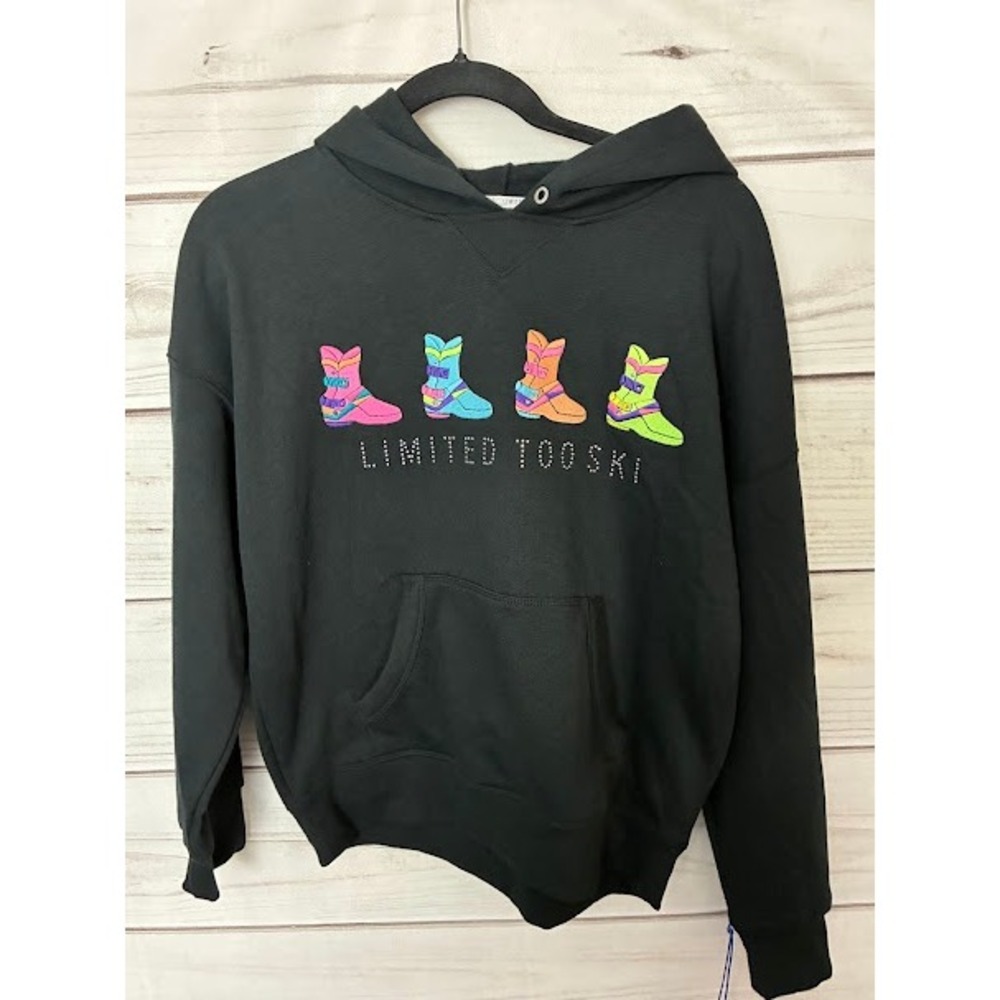 Limited Too Girls Black Hoodie Moon Boots Rhinestone Graphic Sweatshirt L 12/14
